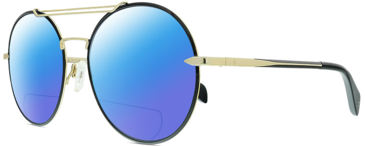 Profile View of Rag&Bone 1011 Designer Polarized Reading Sunglasses with Custom Cut Powered Blue Mirror Lenses in Gold Black Ladies Pilot Full Rim Metal 59 mm
