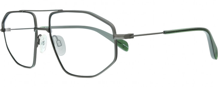 Profile View of Rag&Bone 5036 Designer Reading Eye Glasses with Custom Cut Powered Lenses in Satin Ruthenium Silver Green Crystal Mens Pilot Full Rim Metal 57 mm