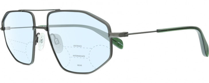 Profile View of Rag&Bone 5036 Designer Progressive Lens Blue Light Blocking Eyeglasses in Satin Ruthenium Silver Green Crystal Mens Pilot Full Rim Metal 57 mm
