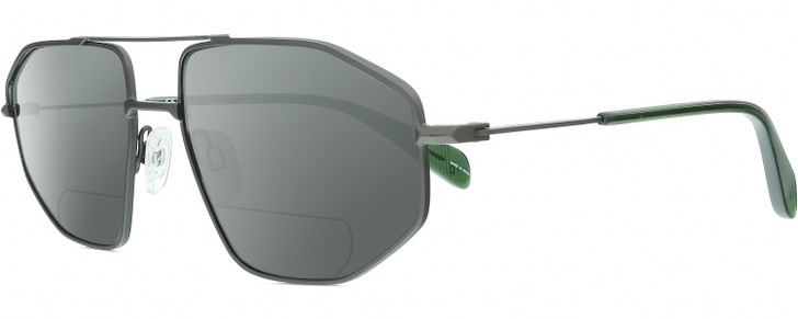 Profile View of Rag&Bone 5036 Designer Polarized Reading Sunglasses with Custom Cut Powered Smoke Grey Lenses in Satin Ruthenium Silver Green Crystal Mens Pilot Full Rim Metal 57 mm