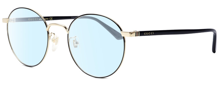 Profile View of GUCCI GG0297OK-003 Designer Blue Light Blocking Eyeglasses in Gloss Black Gold Ladies Round Full Rim Metal 52 mm