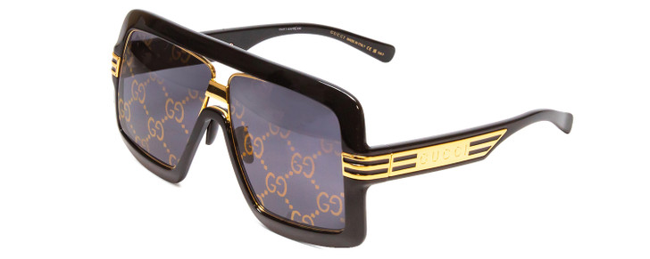 Profile View of GUCCI GG0900S-001 Unisex Trapezoidal Designer Sunglasses in Black Gold/Grey 60mm