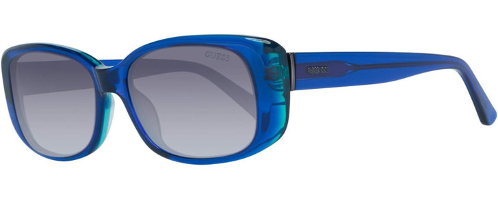 Profile View of GUESS GU7408-90X Womens Sunglasses in Blue Teal Green Crystal/Grey Gradient 52mm