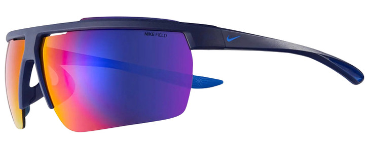 Profile View of NIKE Windshield-CW4662-451 Men's Sunglasses Navy Blue/Red Mirror Field Tint 75mm