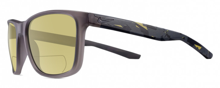 Profile View of NIKE Essent-Endvor-EV1117-010 Designer Polarized Reading Sunglasses with Custom Cut Powered Sun Flower Yellow Lenses in Matte Gunsmoke Grey Black Yellow Unisex Panthos Full Rim Acetate 57 mm