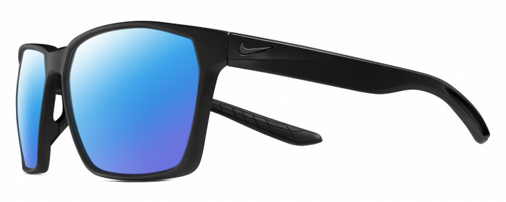 Profile View of NIKE Maverick-P-EV1097-001 Designer Polarized Sunglasses with Custom Cut Blue Mirror Lenses in Matte Black Unisex Square Full Rim Acetate 59 mm