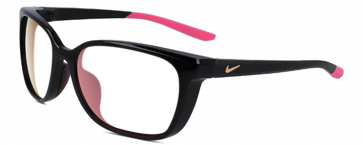 Profile View of NIKE Sentiment-CT7878-010 Designer Progressive Lens Prescription Rx Eyeglasses in Gloss Black Hot Pink Rose Gold Ladies Square Full Rim Acetate 56 mm