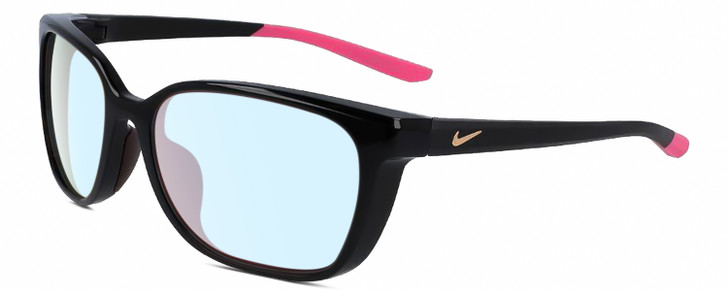 Profile View of NIKE Sentiment-CT7878-010 Designer Blue Light Blocking Eyeglasses in Gloss Black Hot Pink Rose Gold Ladies Square Full Rim Acetate 56 mm