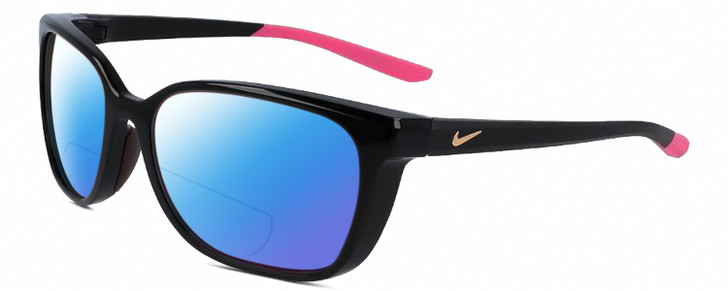 Profile View of NIKE Sentiment-CT7878-010 Designer Polarized Reading Sunglasses with Custom Cut Powered Blue Mirror Lenses in Gloss Black Hot Pink Rose Gold Ladies Square Full Rim Acetate 56 mm