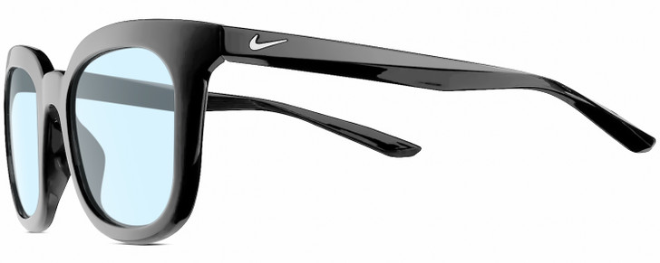 Profile View of NIKE Myriad-P-CW4720-010 Designer Blue Light Blocking Eyeglasses in Gloss Black Silver Ladies Panthos Full Rim Acetate 52 mm