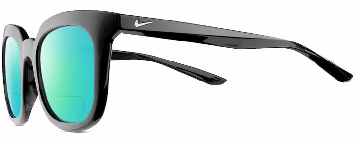 Profile View of NIKE Myriad-P-CW4720-010 Designer Polarized Reading Sunglasses with Custom Cut Powered Green Mirror Lenses in Gloss Black Silver Ladies Panthos Full Rim Acetate 52 mm