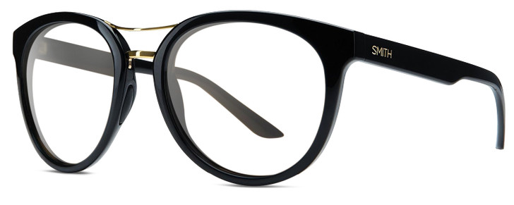 Profile View of Smith Optics Bridgetown Designer Single Vision Prescription Rx Eyeglasses in Gloss Black Gold Ladies Panthos Full Rim Acetate 54 mm