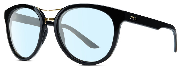 Profile View of Smith Optics Bridgetown Designer Blue Light Blocking Eyeglasses in Gloss Black Gold Ladies Panthos Full Rim Acetate 54 mm