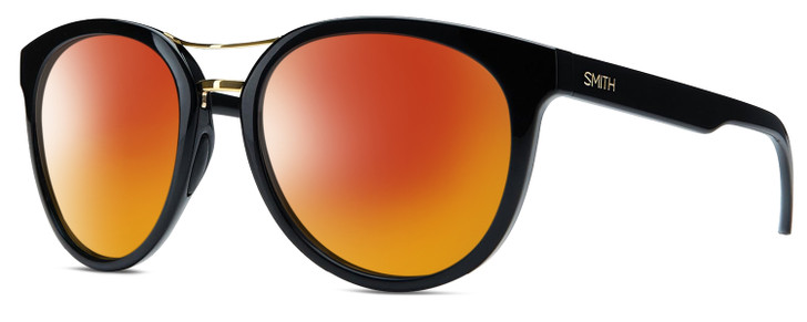 Profile View of Smith Optics Bridgetown Designer Polarized Sunglasses with Custom Cut Red Mirror Lenses in Gloss Black Gold Ladies Panthos Full Rim Acetate 54 mm