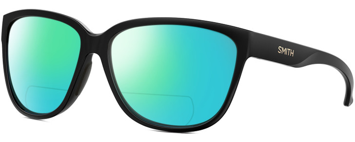 Profile View of Smith Optics Monterey Designer Polarized Reading Sunglasses with Custom Cut Powered Green Mirror Lenses in Gloss Black Gold Ladies Panthos Full Rim Acetate 58 mm