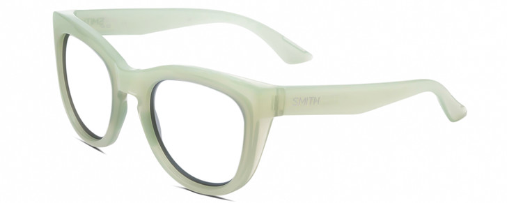 Profile View of Smith Optics Sidney Designer Reading Eye Glasses in Gloss Seafoam Green Crystal Ladies Cat Eye Full Rim Acetate 52 mm