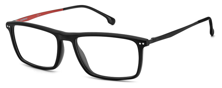 Profile View of Carrera CA-8866 Designer Single Vision Prescription Rx Eyeglasses in Matte Black Red Unisex Rectangular Full Rim Acetate 54 mm