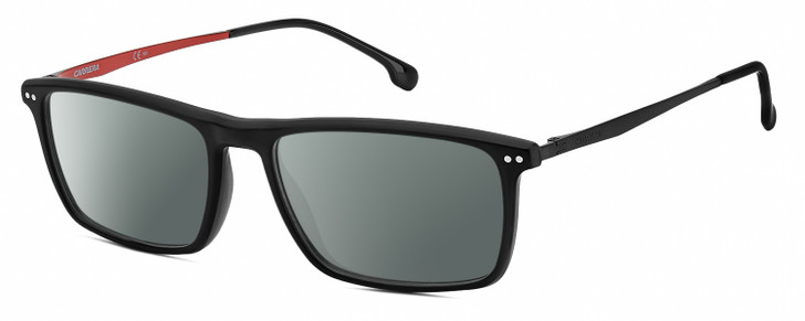 Profile View of Carrera CA-8866 Designer Polarized Sunglasses with Custom Cut Smoke Grey Lenses in Matte Black Red Unisex Rectangular Full Rim Acetate 54 mm