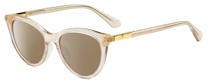 Profile View of Kate Spade JANALYNN Designer Polarized Sunglasses with Custom Cut Amber Brown Lenses in Sparkly Glitter Beige Crystal Gold Ladies Cat Eye Full Rim Acetate 51 mm