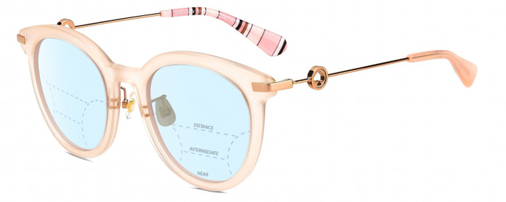 Profile View of Kate Spade KEESEY Designer Progressive Lens Blue Light Blocking Eyeglasses in Gloss Blush Pink Crystal Rose Gold Black Stripes Ladies Cat Eye Full Rim Acetate 53 mm