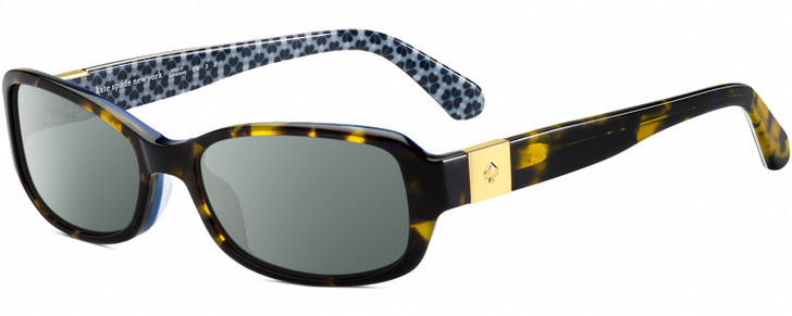 Profile View of Kate Spade PAXTON2 Designer Polarized Sunglasses with Custom Cut Smoke Grey Lenses in Dark Brown Tortoise Havana Gold Blue Floral Ladies Rectangular Full Rim Acetate 53 mm