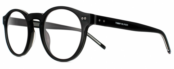 Profile View of Tommy Hilfiger TH 1795/S Designer Reading Eye Glasses with Custom Cut Powered Lenses in Gloss Black Silver Unisex Round Full Rim Acetate 50 mm