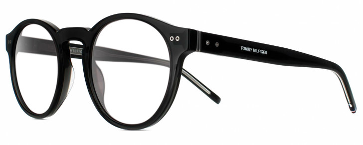 Profile View of Tommy Hilfiger TH 1795/S Designer Single Vision Prescription Rx Eyeglasses in Gloss Black Silver Unisex Round Full Rim Acetate 50 mm