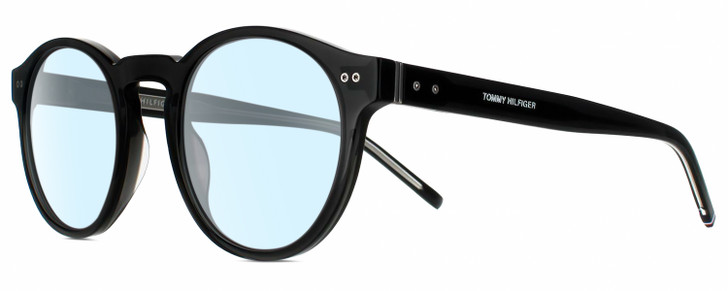 Profile View of Tommy Hilfiger TH 1795/S Designer Blue Light Blocking Eyeglasses in Gloss Black Silver Unisex Round Full Rim Acetate 50 mm