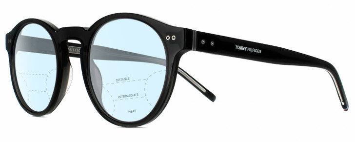 Profile View of Tommy Hilfiger TH 1795/S Designer Progressive Lens Blue Light Blocking Eyeglasses in Gloss Black Silver Unisex Round Full Rim Acetate 50 mm