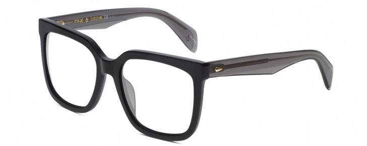 Profile View of Rag&Bone RNB1018/S Designer Single Vision Prescription Rx Eyeglasses in Gloss Black Grey Crystal Ladies Square Full Rim Acetate 56 mm