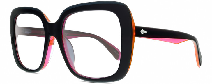 Profile View of Rag&Bone RNB1033/G/S Designer Single Vision Prescription Rx Eyeglasses in Gloss Black Neon Orange-Pink Crystal Ladies Butterfly Full Rim Acetate 55 mm