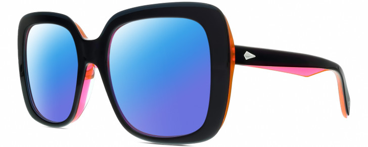 Profile View of Rag&Bone RNB1033/G/S Designer Polarized Sunglasses with Custom Cut Blue Mirror Lenses in Gloss Black Neon Orange-Pink Crystal Ladies Butterfly Full Rim Acetate 55 mm