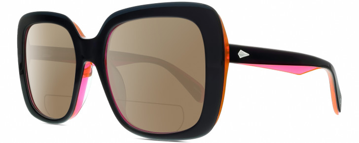 Profile View of Rag&Bone RNB1033/G/S Designer Polarized Reading Sunglasses with Custom Cut Powered Amber Brown Lenses in Gloss Black Neon Orange-Pink Crystal Ladies Butterfly Full Rim Acetate 55 mm