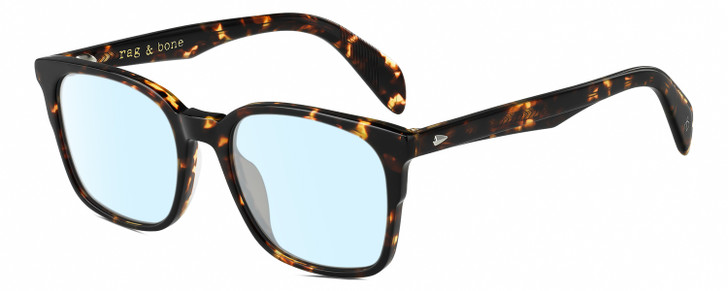 Profile View of Rag&Bone RNB5016/S Designer Blue Light Blocking Eyeglasses in Gloss Tortoise Havana Brown Amber Silver Unisex Square Full Rim Acetate 52 mm