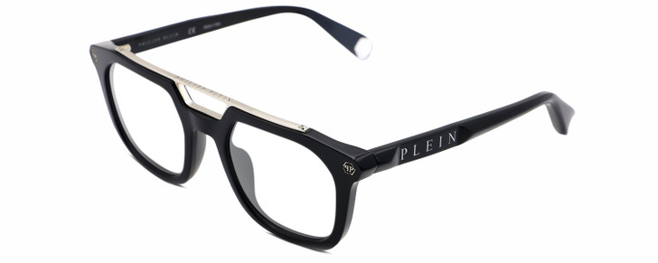 Profile View of Philipp Plein SPP001M Designer Progressive Lens Prescription Rx Eyeglasses in Gloss Black Silver Unisex Square Full Rim Acetate 51 mm
