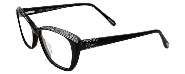 Profile View of Chopard VCH229S Designer Reading Eye Glasses with Custom Cut Powered Lenses in Gloss Black Silver Gemstone Accents White Ladies Cat Eye Full Rim Acetate 54 mm