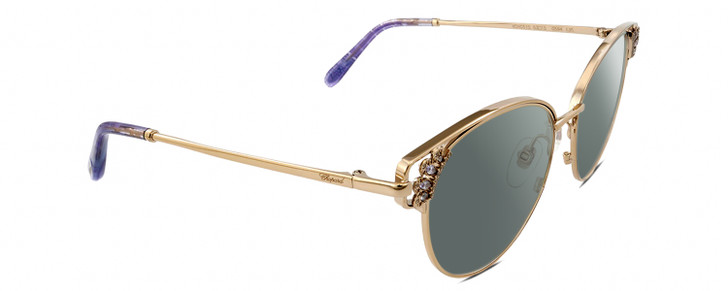 Profile View of Chopard VCHC51S Designer Polarized Sunglasses with Custom Cut Smoke Grey Lenses in Shiny 23KT Gold Plated Silver Gemstone Accents Lilac Purple Glitter Ladies Cat Eye Full Rim Metal 54 mm