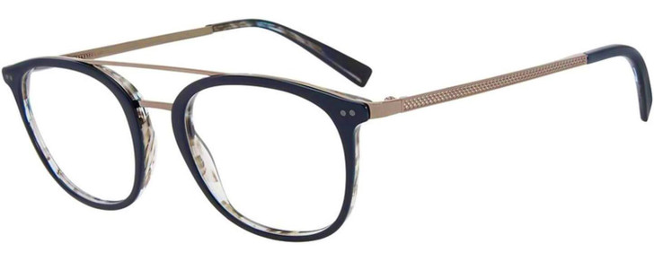 Profile View of John Varvatos V378 Designer Single Vision Prescription Rx Eyeglasses in Gloss Navy Blue Smokey Grey 2-Tone Gunmetal Unisex Panthos Full Rim Acetate 49 mm
