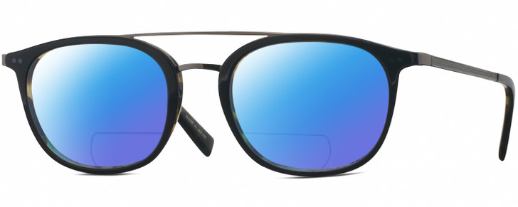 Profile View of John Varvatos V378 Designer Polarized Reading Sunglasses with Custom Cut Powered Blue Mirror Lenses in Gloss Black Brown Tortoise Havana 2-Tone Gunmetal Unisex Panthos Full Rim Acetate 49 mm