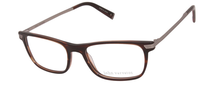 Profile View of John Varvatos V412 Designer Single Vision Prescription Rx Eyeglasses in Gloss Dark Brown Auburn Marble Silver Unisex Rectangular Full Rim Acetate 54 mm