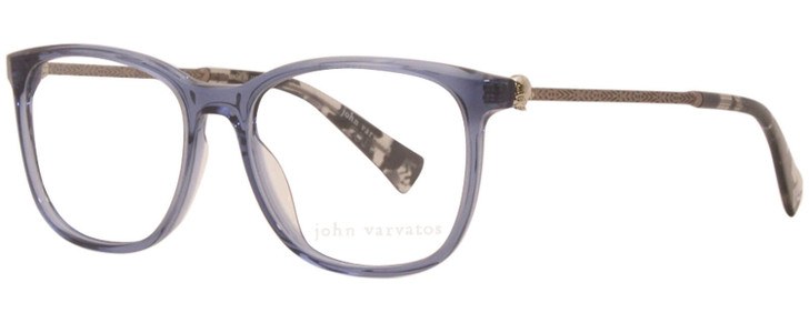 Profile View of John Varvatos V419 Designer Reading Eye Glasses with Custom Cut Powered Lenses in Blue Crystal Gunmetal Skull Accents Clear Black Marble Unisex Panthos Full Rim Acetate 54 mm