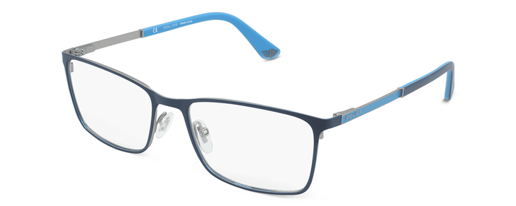 Profile View of Police VPLA46 Designer Reading Eye Glasses with Custom Cut Powered Lenses in Matte Navy Blue Cyan Silver Unisex Rectangular Full Rim Metal 56 mm
