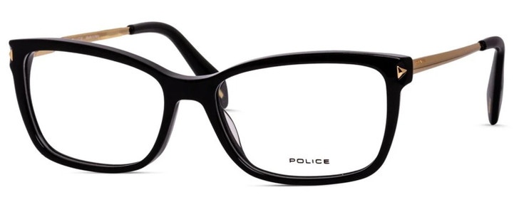 Profile View of Police VPLA87 Designer Reading Eye Glasses with Custom Cut Powered Lenses in Gloss Black Gold Ladies Cat Eye Full Rim Metal 53 mm