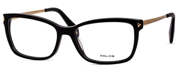 Profile View of Police VPLA87 Designer Bi-Focal Prescription Rx Eyeglasses in Gloss Black Gold Ladies Cat Eye Full Rim Metal 53 mm