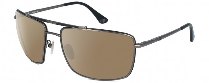 Profile View of Police SPL965 Designer Polarized Sunglasses with Custom Cut Amber Brown Lenses in Dark Gunmetal Matte Black Unisex Pilot Full Rim Metal 63 mm