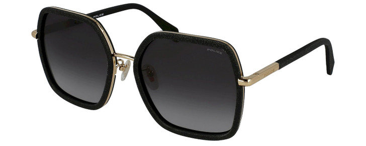 Profile View of Police SPLA20 Women's Square Sunglasses in Black Glitter Gold/Grey Gradient 58mm