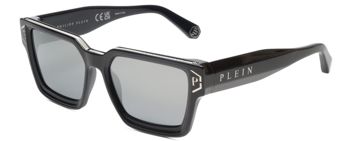 Profile View of Philipp Plein SPP005M-700X Unisex Sunglasses Black & Gunmetal/Silver Mirror 57mm