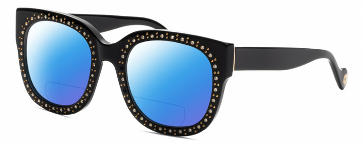 Profile View of Elton John LEGEND Designer Polarized Reading Sunglasses with Custom Cut Powered Blue Mirror Lenses in Gloss Black Gold Silver Gemstone Ladies Cat Eye Full Rim Acetate 52 mm