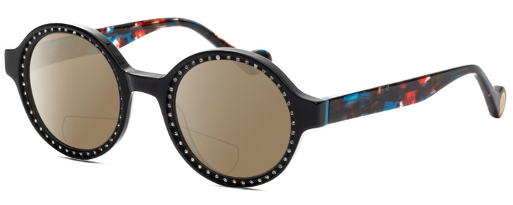 Profile View of Elton John WIZARD Designer Polarized Reading Sunglasses with Custom Cut Powered Amber Brown Lenses in Black Red Blue Psychedelic Rainbow Multicolor Ladies Round Full Rim Acetate 48 mm
