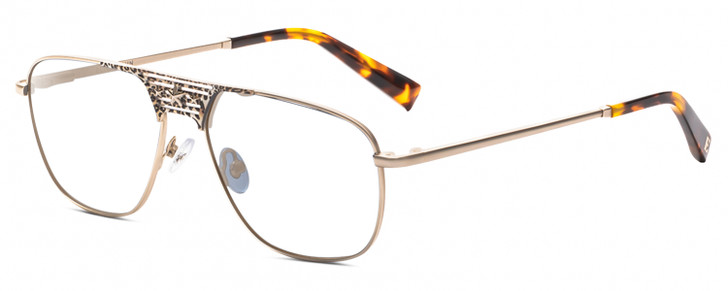 Profile View of Elton John CONCORDE 3 Designer Bi-Focal Prescription Rx Eyeglasses in Light Gold Cheetah Print Tortoise Unisex Pilot Full Rim Metal 56 mm